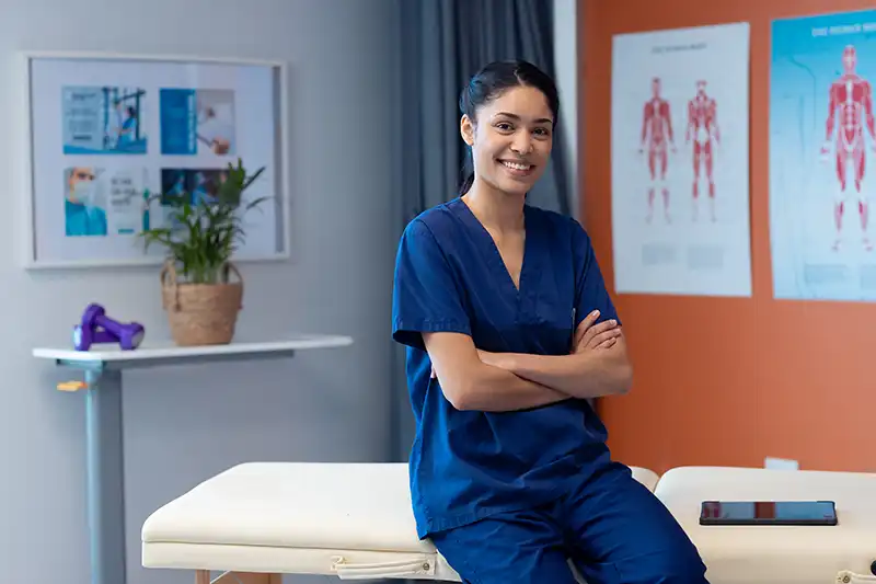 young female doctor sitting in clinical services room